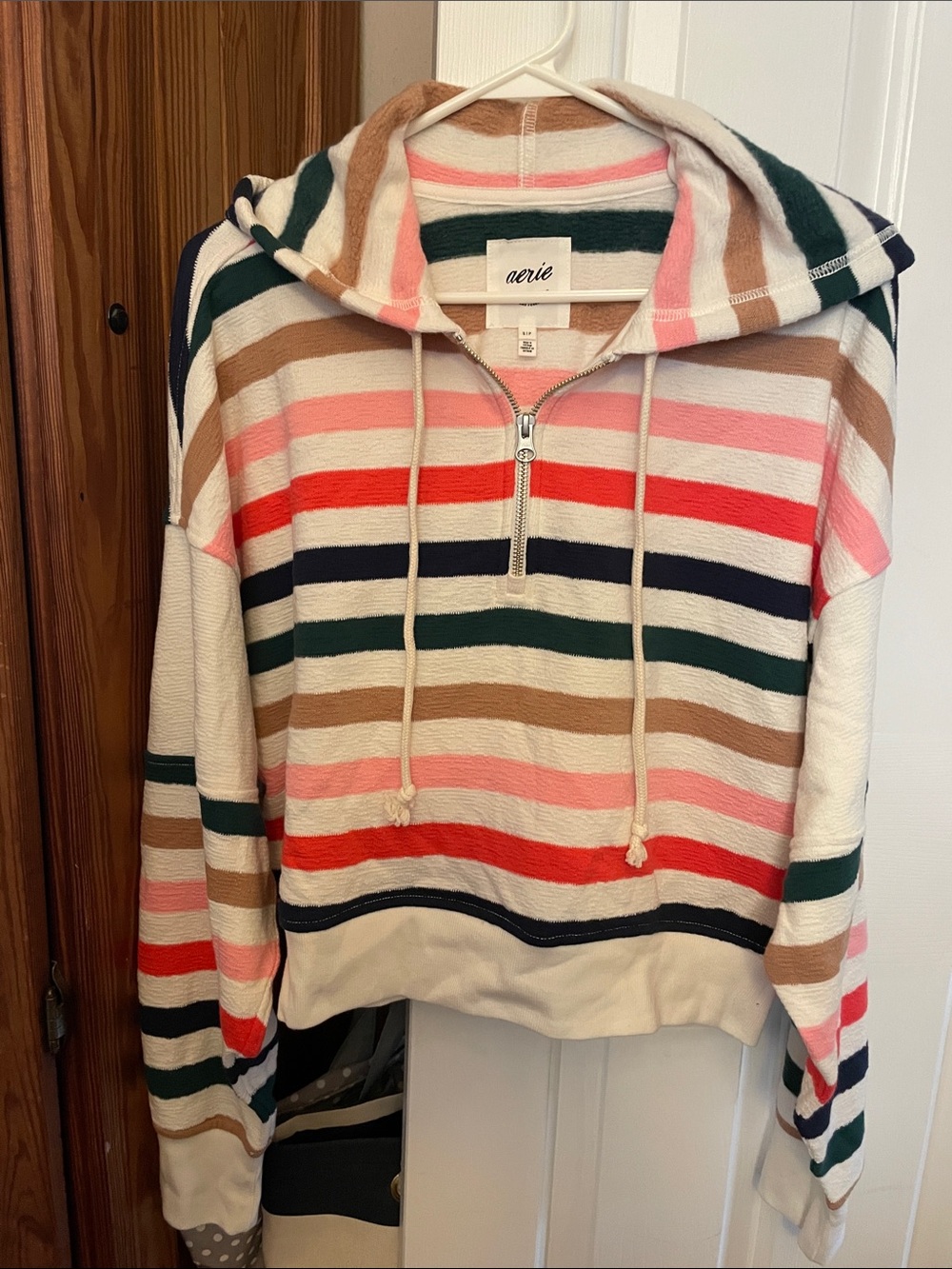 aerie Striped Half-Zip Hoodie Sweater in Cream, Pink, Red, Navy & Green